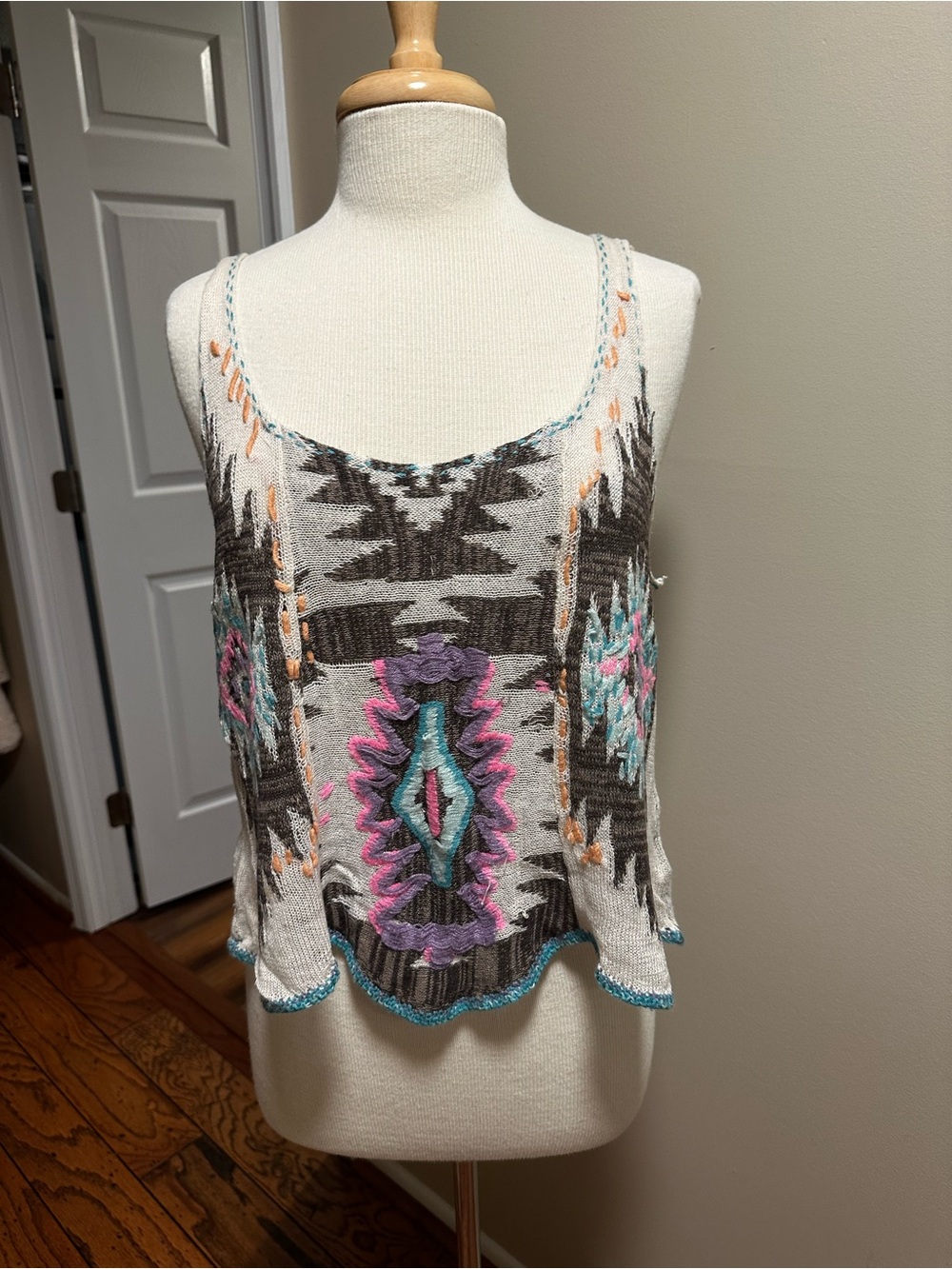 Free People Gray Boho Embroidered Camisole with Teal & Pink Accents